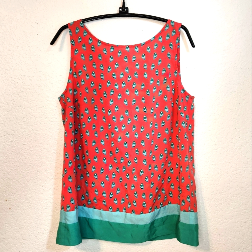 Loft Stylish Coral/Green Women's Sleeveless Top w/ Bird Printed Fabric,‎ Size M